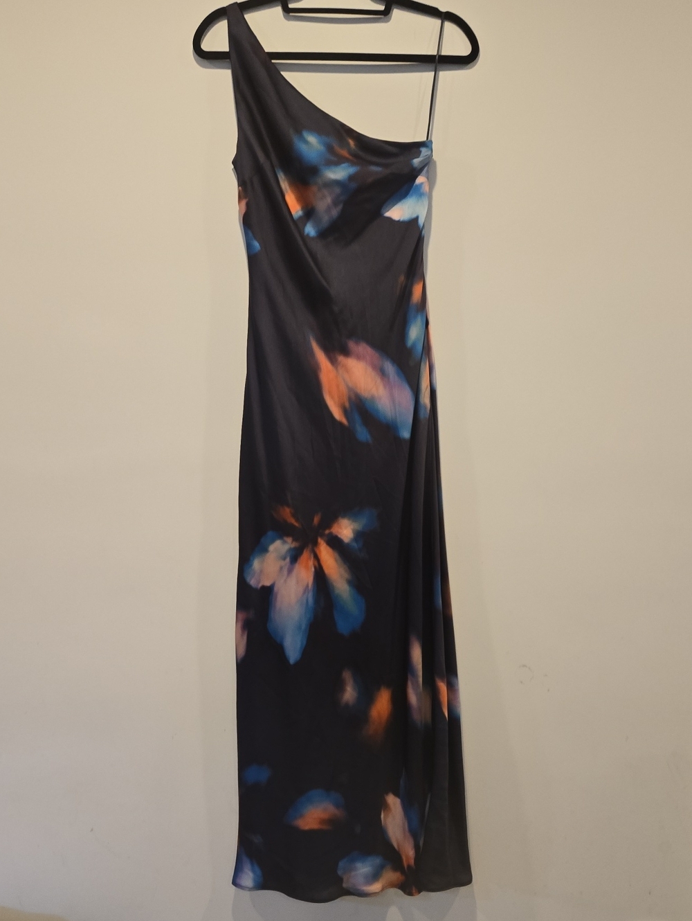 Thirty Thirty LA One Shoulder Satin Floral Maxi Dress Navy Size M